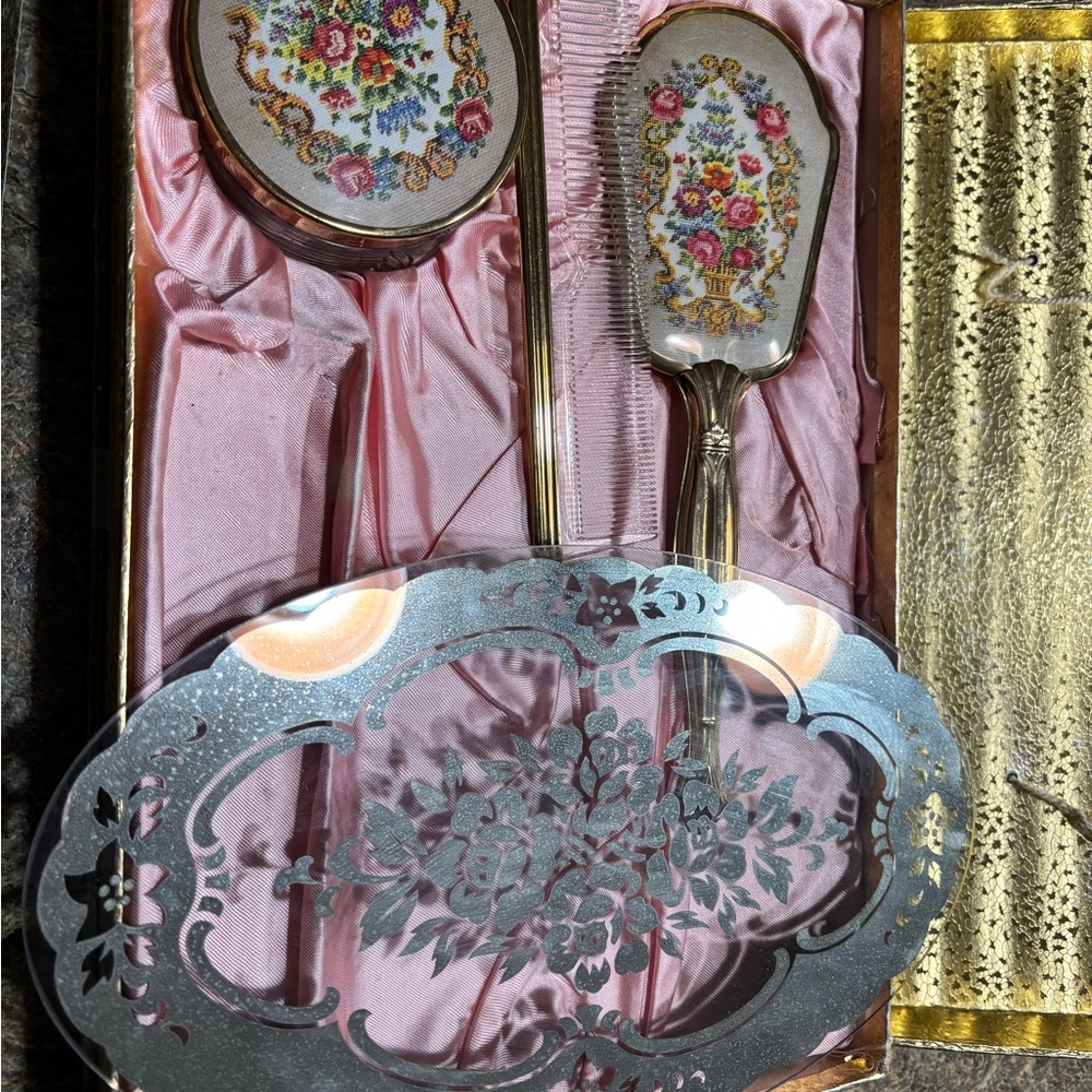 Vintage Hollywood Regency Needlepoint Vanity Set w/ Original Box